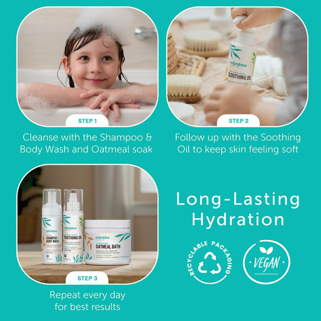 Mambino Organics Soothing Bath Set — Oatmeal Bath Soak, Soothe Me Shampoo & Body Wash, Calming Oil (3-Pack)