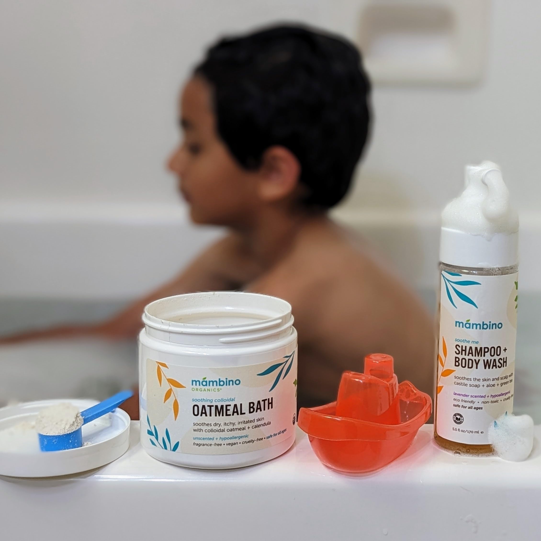 Mambino Organics Calming Skin Set – Oatmeal Bath Powder & Soothing Body Oil (Fragrance-Free, Vegan)