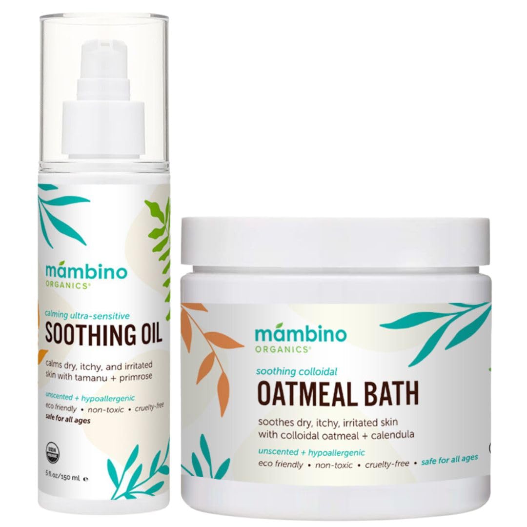 Mambino Organics Calming Skin Set – Oatmeal Bath Powder & Soothing Body Oil (Fragrance-Free, Vegan)