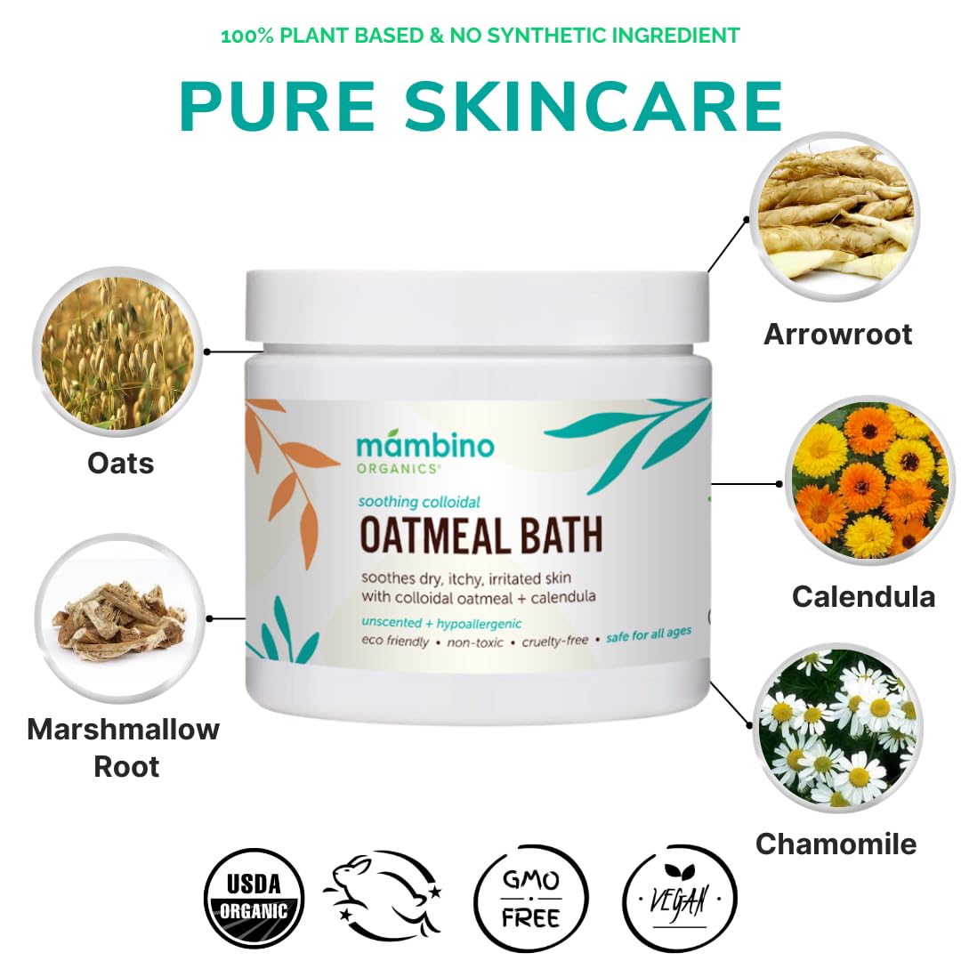 Mambino Organics Calming Skin Set – Oatmeal Bath Powder & Soothing Body Oil (Fragrance-Free, Vegan)