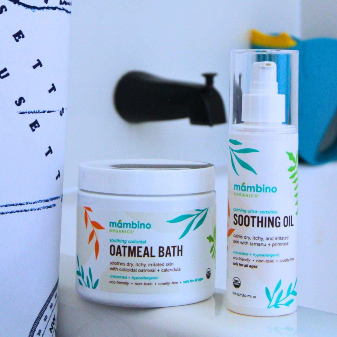 Mambino Organics Calming Skin Set – Oatmeal Bath Powder & Soothing Body Oil (Fragrance-Free, Vegan)