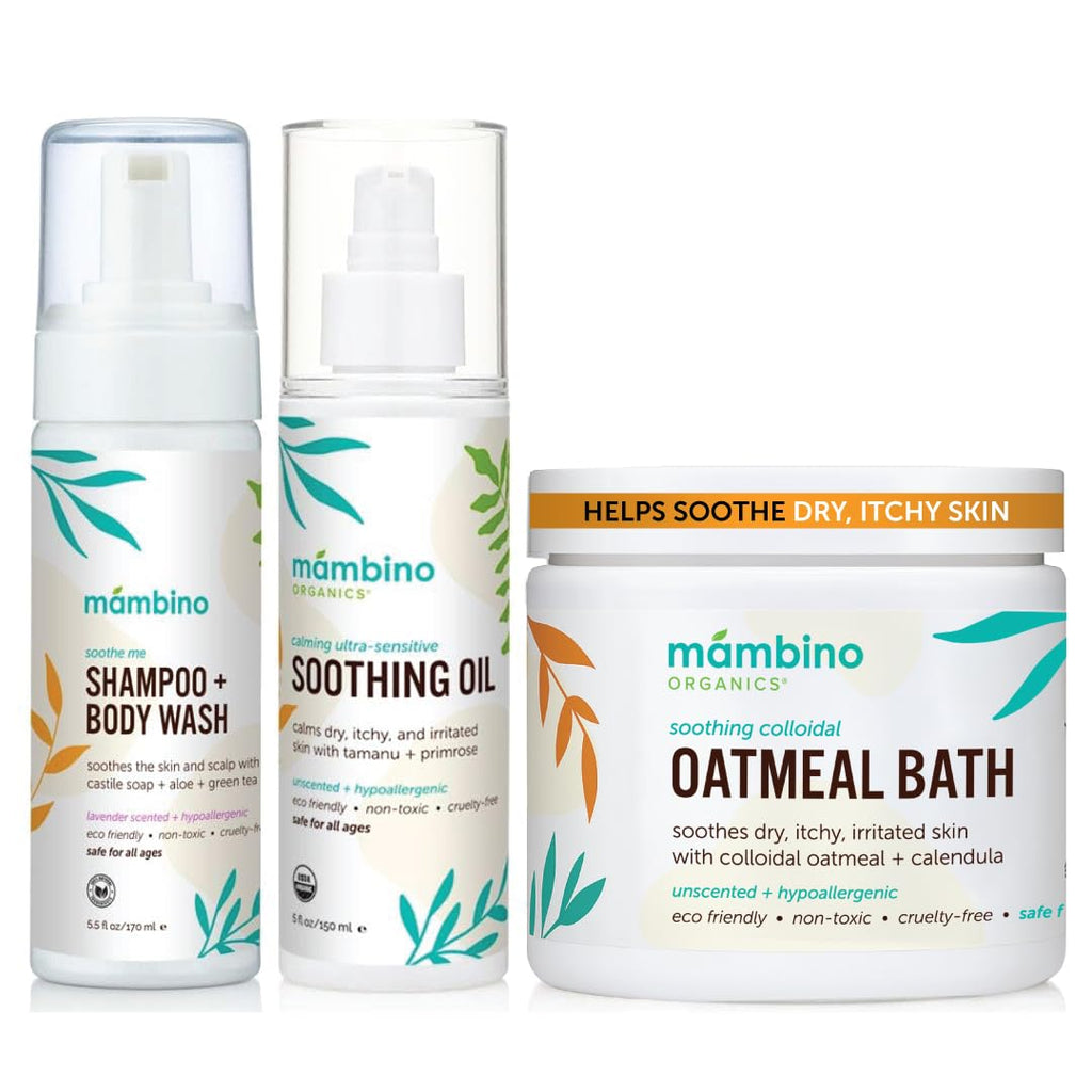 Mambino Organics Soothing Bath Set — Oatmeal Bath Soak, Soothe Me Shampoo & Body Wash, Calming Oil (3-Pack)