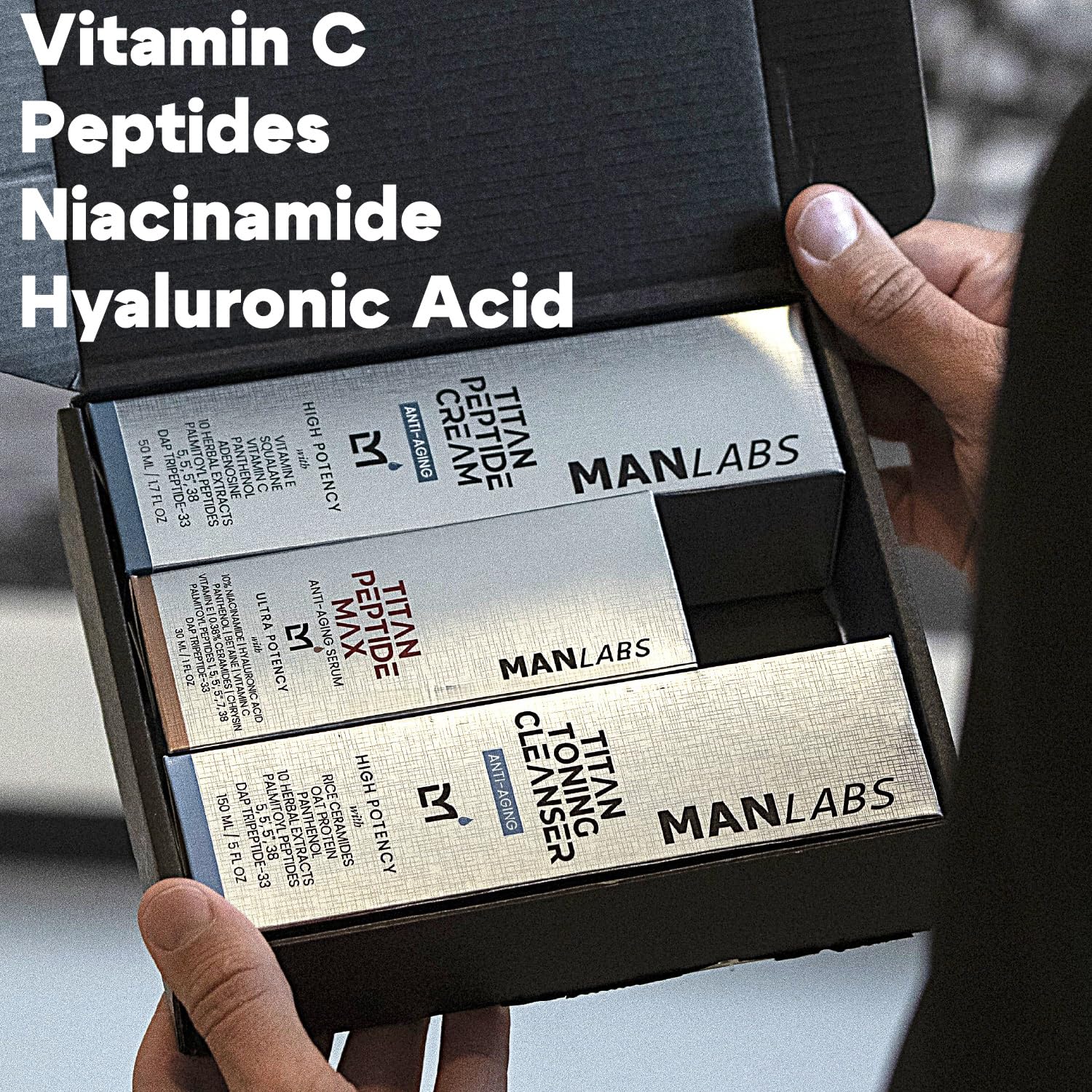 Man Labs Titan Peptide 3-Piece Anti-Aging Mens Skincare Kit – Wash, Serum, Moisturizer