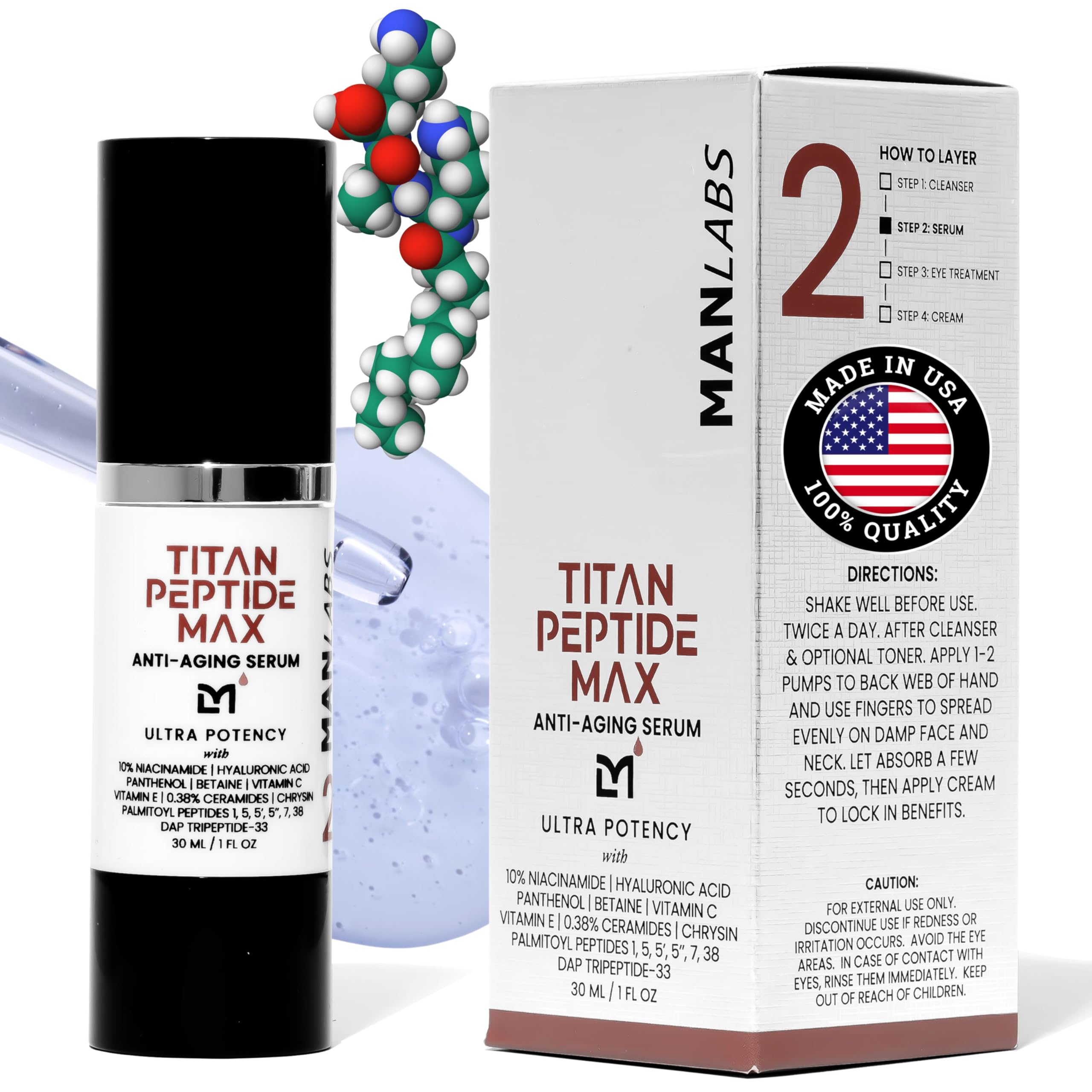 Man Labs Titan MAX Anti-Aging Peptides Serum for Men – Ultra Potency, Unscented, 10% Niacinamide