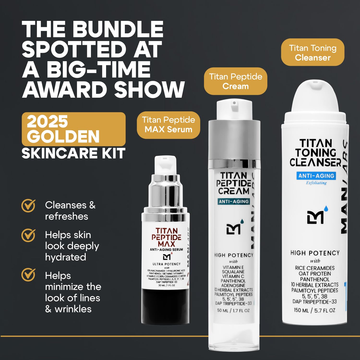 Man Labs Titan Peptide 3-Piece Anti-Aging Mens Skincare Kit – Wash, Serum, Moisturizer