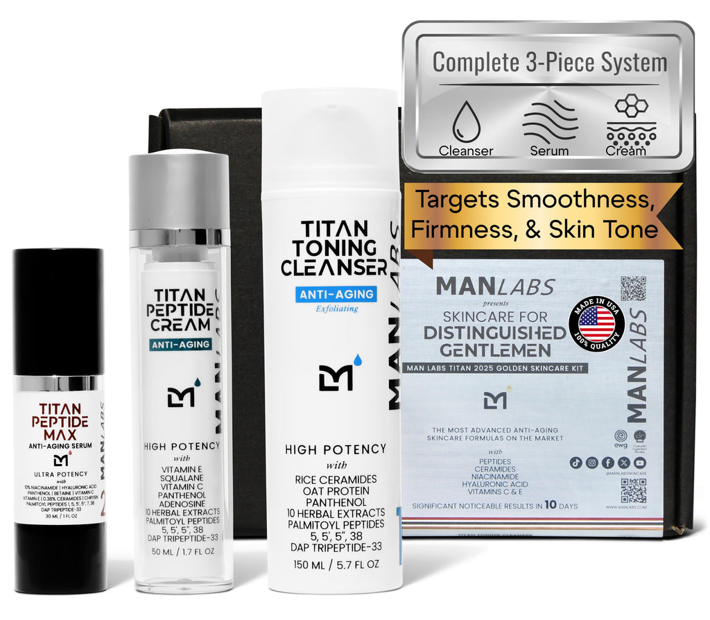 Man Labs Titan Peptide 3-Piece Anti-Aging Mens Skincare Kit – Wash, Serum, Moisturizer