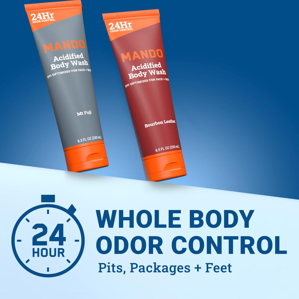 Mando Acidified Body Wash – 24-Hour Odor Control, SLS-Free, Bourbon Leather & Mt Fuji