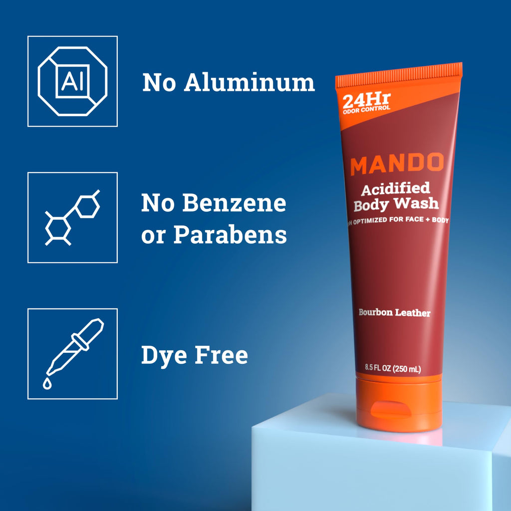 Mando Acidified Body Wash – 24-Hour Odor Control, SLS-Free, Bourbon Leather & Mt Fuji