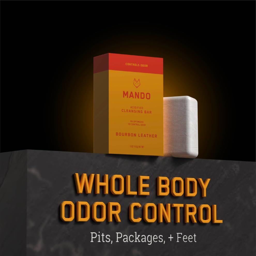 Mando Acidified Cleansing Bar - 24-Hour Odor Control | SLS Free, Paraben Free | Bourbon Leather