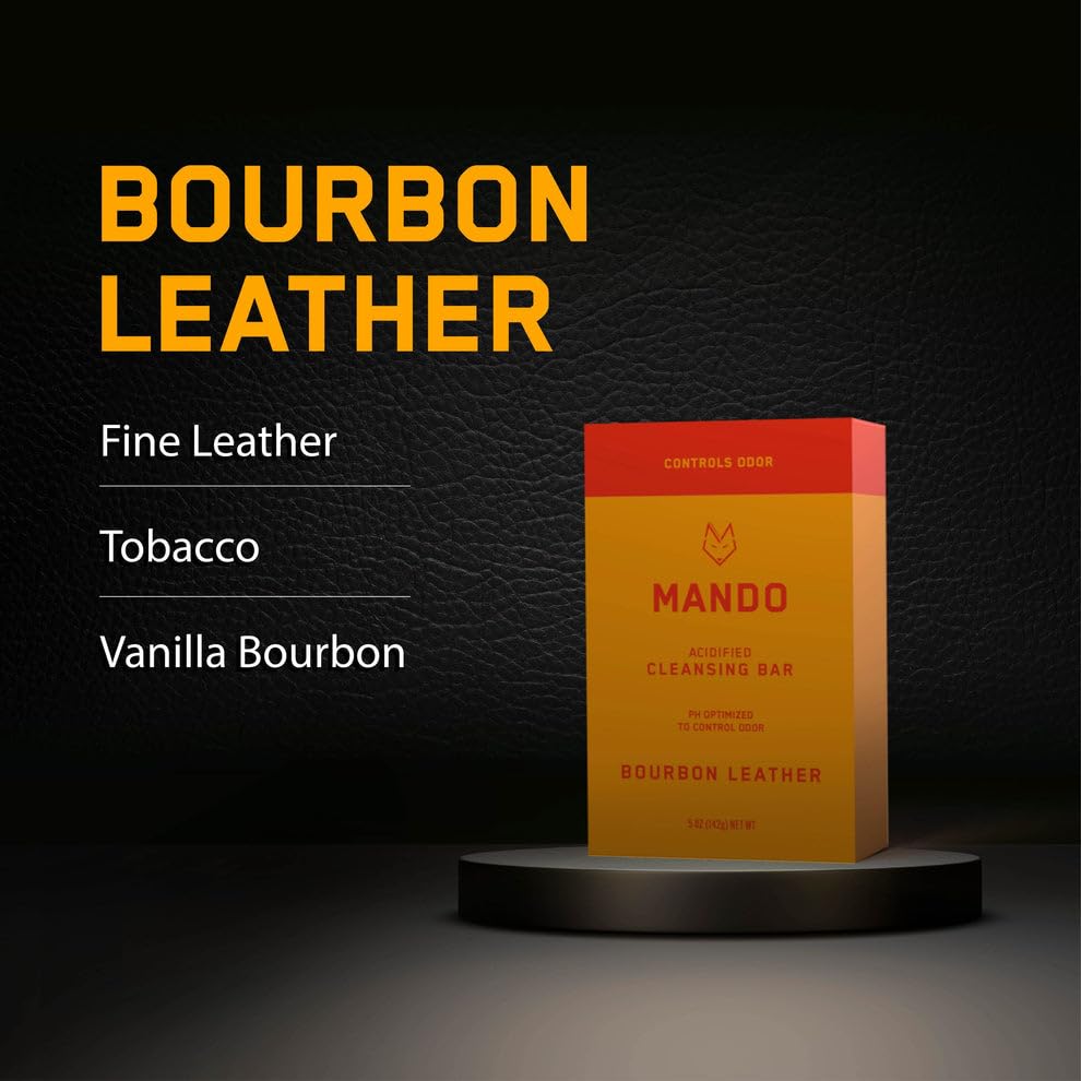 Mando Acidified Cleansing Bar - 24-Hour Odor Control | SLS Free, Paraben Free | Bourbon Leather