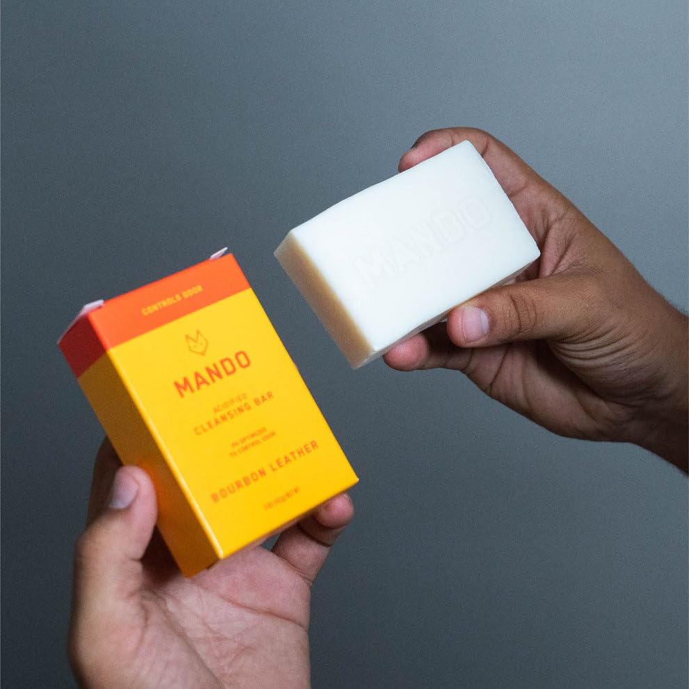 Mando Acidified Cleansing Bar - 24-Hour Odor Control | SLS Free, Paraben Free | Bourbon Leather