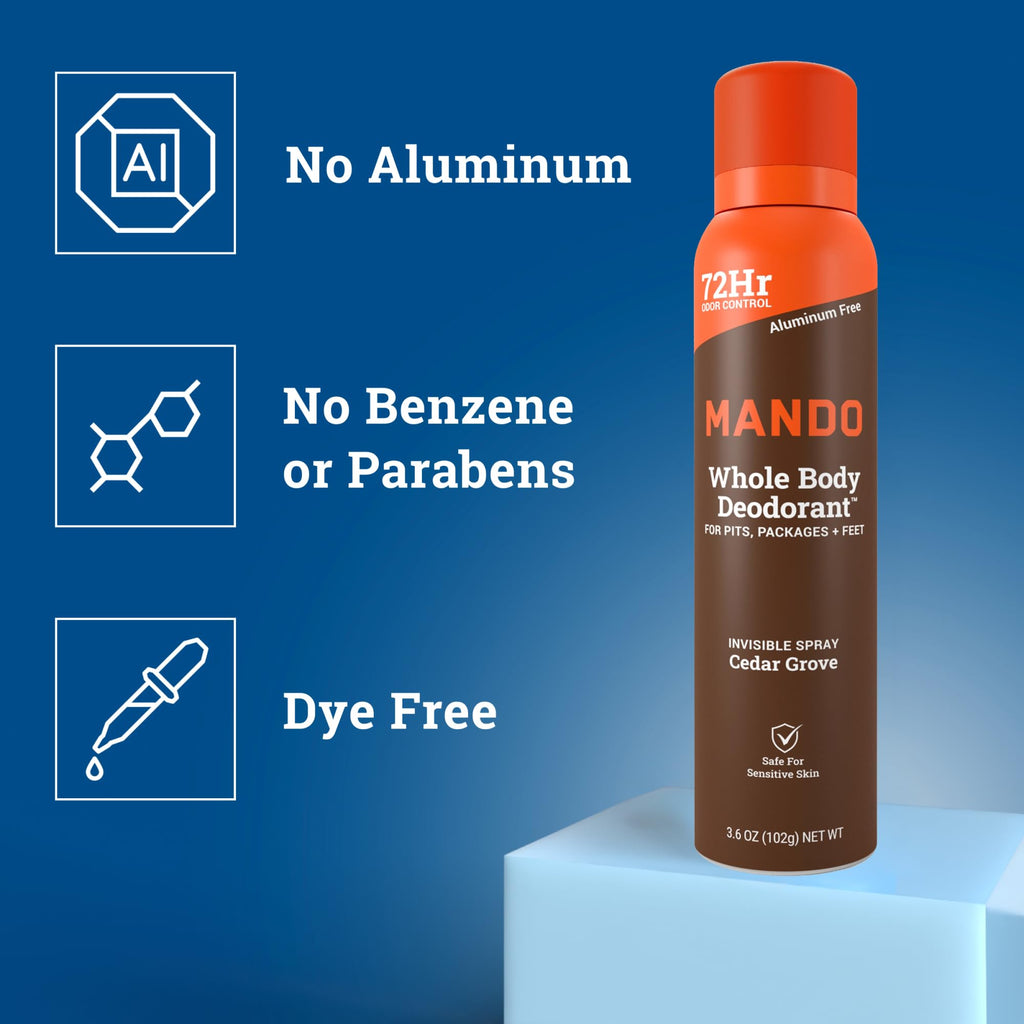 Mando Whole Body Deodorant Spray for Men – Cedar Grove – 72 Hr Odor Control (2-Pack)