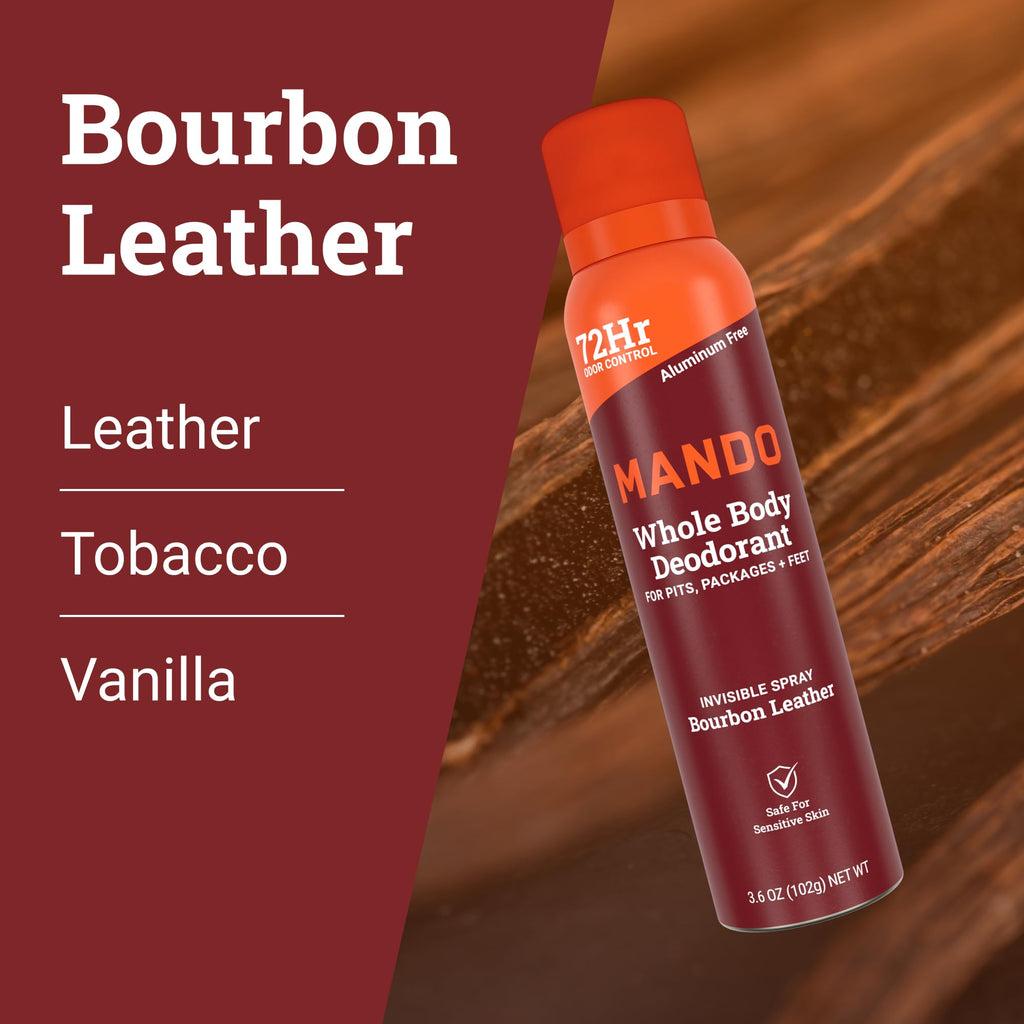 Mando Whole Body Deodorant for Men – Bourbon Leather, 72-Hour Odor Control, Aluminum & Benzene Free, 3.6 oz Cans (Pack of 2)