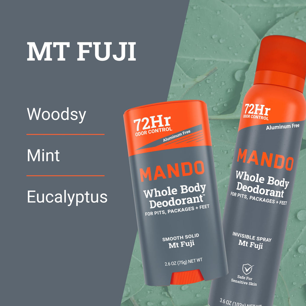 Mando Whole Body 3-Piece System — Aluminum- and Baking Soda-Free Odor Control (Mt Fuji) – 2.6 oz Stick, 3.6 oz Spray, 15 Wipes