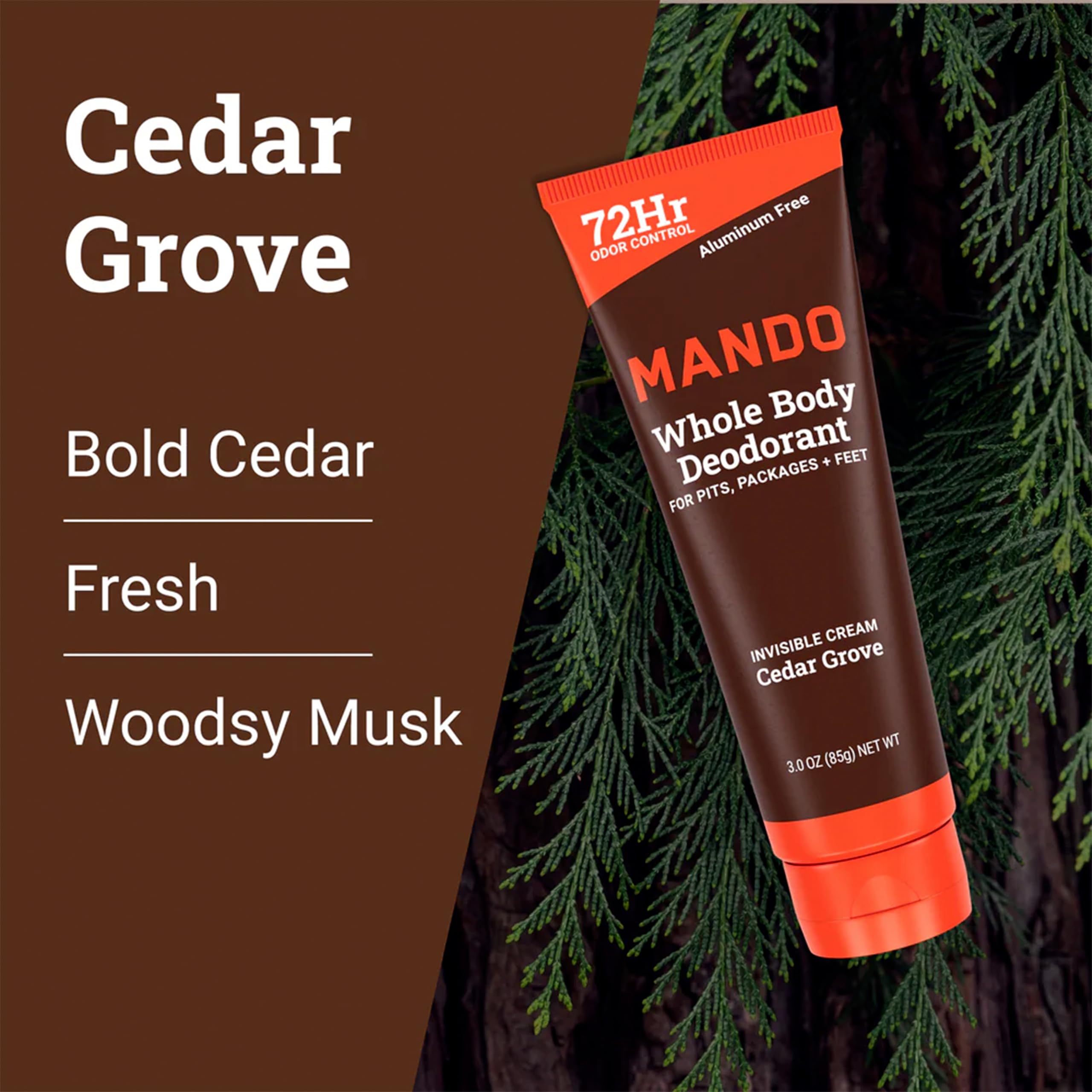 Mando Whole Body Deodorant - Cedar Grove - Aluminum-Free Invisible Cream Deodorant - 3.0 oz (Pack of 01)