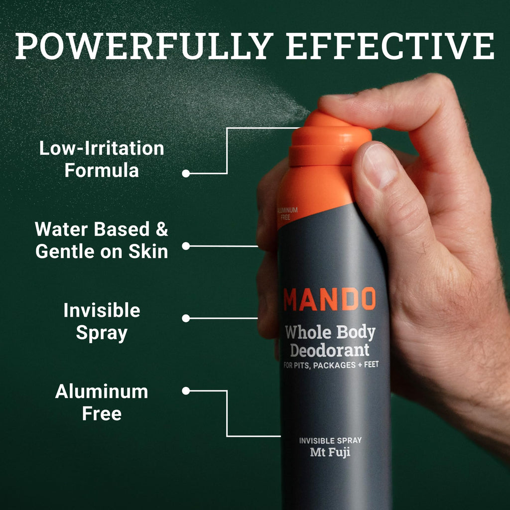Mando Whole Body 3-Piece System — Aluminum- and Baking Soda-Free Odor Control (Mt Fuji) – 2.6 oz Stick, 3.6 oz Spray, 15 Wipes