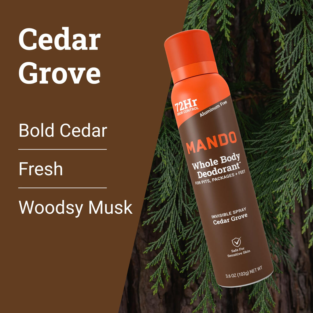 Mando Whole Body Deodorant Spray for Men – Cedar Grove – 72 Hr Odor Control (2-Pack)