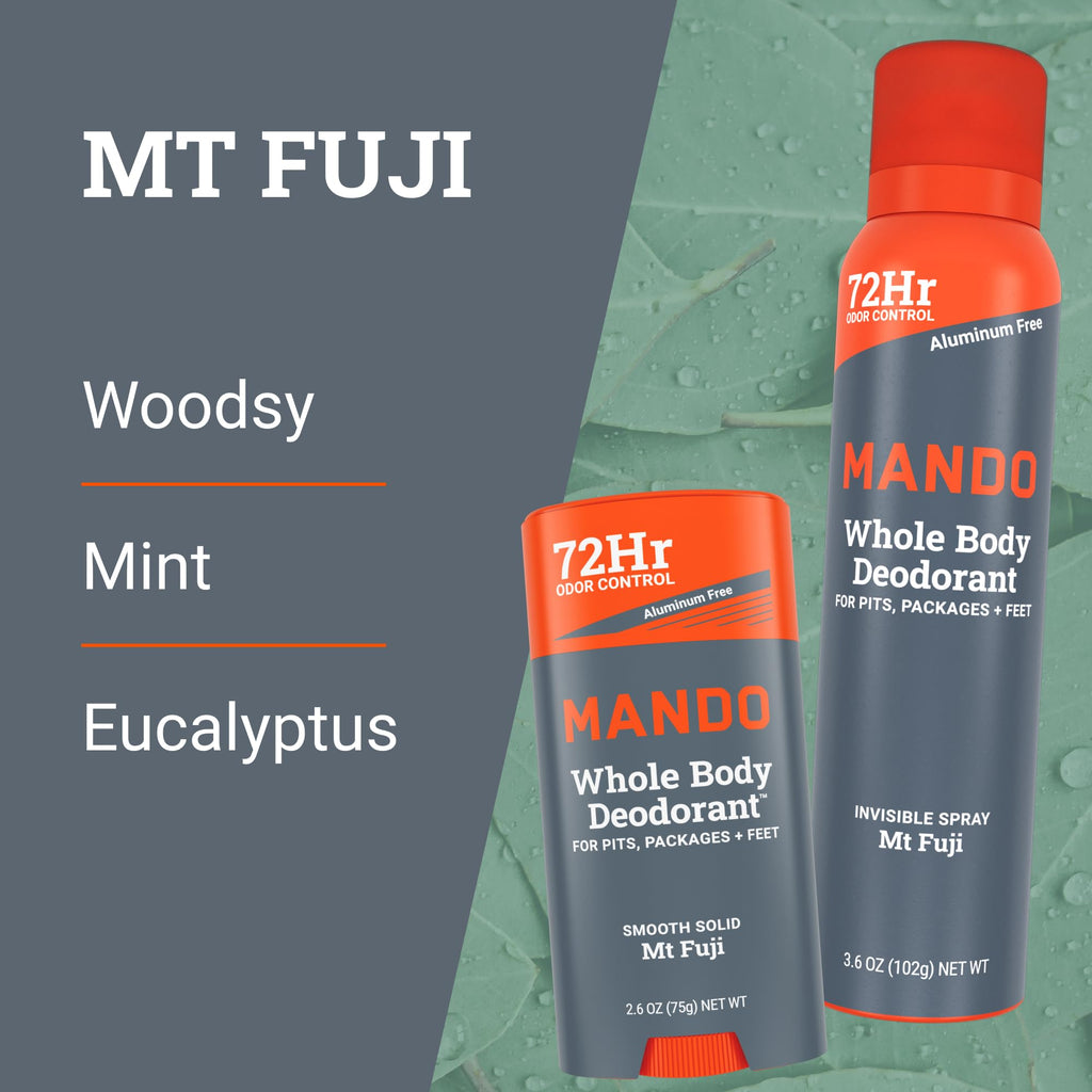 Mando Whole Body Deodorant Two-Piece System (Mt Fuji) — 2.6 oz Solid Stick & 3.6 oz Spray, Aluminum & Baking Soda Free