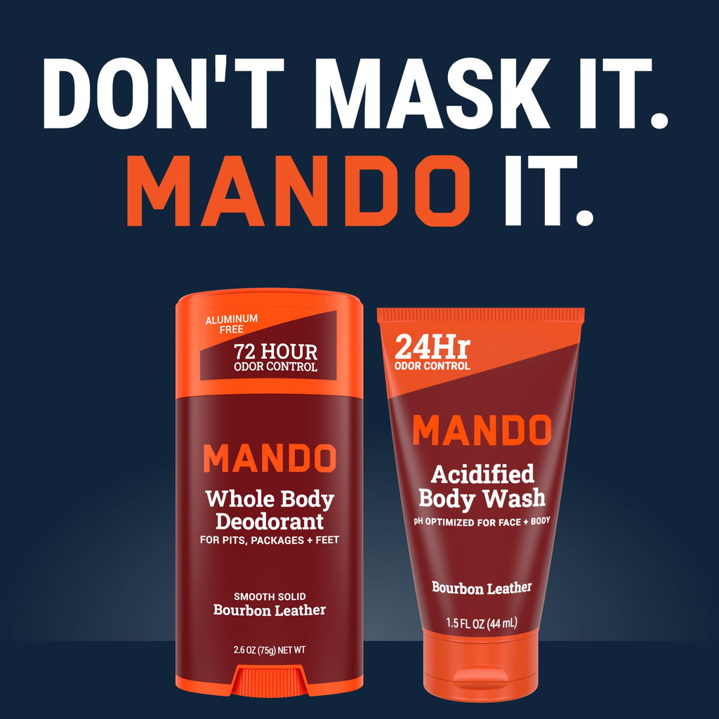 Mando Smooth Solid Stick (2.6 oz) + Acidified Body Wash (1.5 oz) – All-Day Odor Control, Bourbon Leather