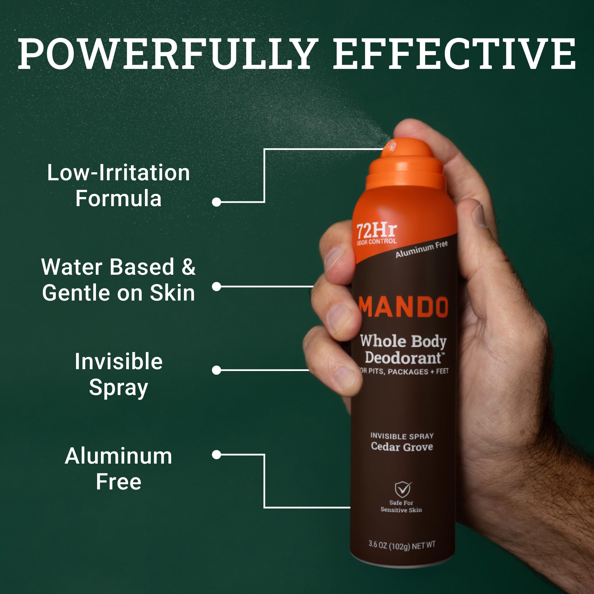 Mando Whole Body Deodorant Spray for Men – Cedar Grove – 72 Hr Odor Control (2-Pack)