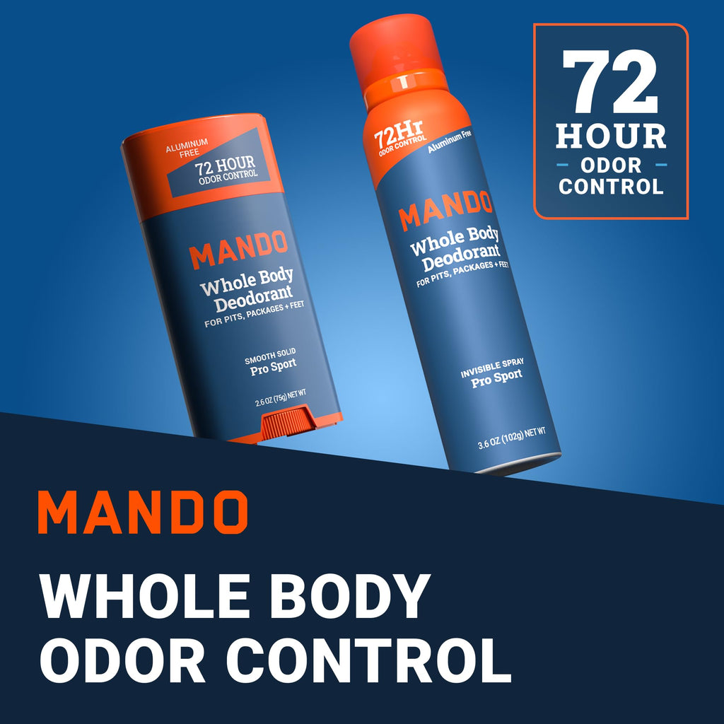Mando Whole Body Deodorant Pro Sport 2-Piece System – 2.6 oz Solid Stick + 3.6 oz Spray (Aluminum & Baking Soda Free)
