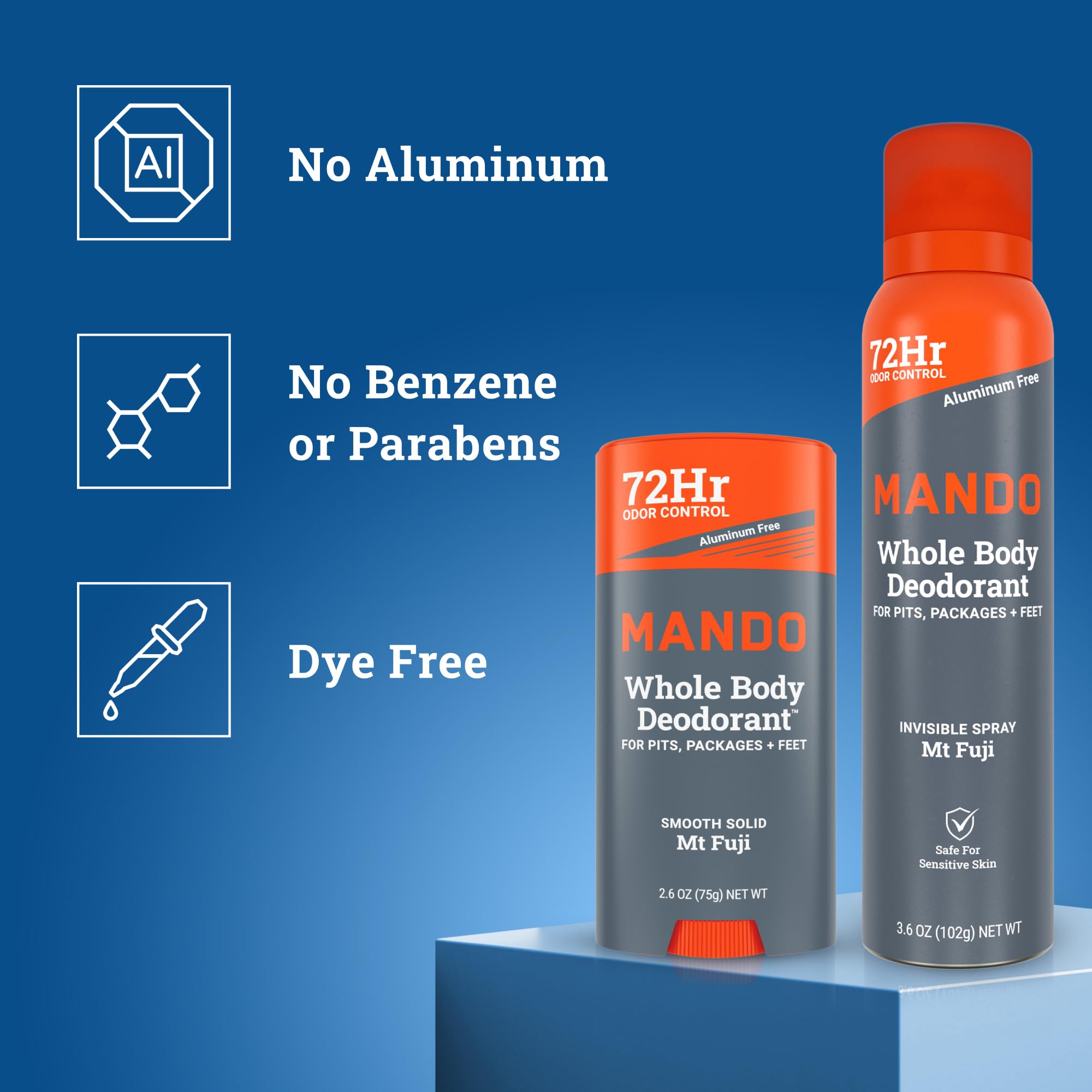 Mando Whole Body Deodorant Two-Piece System (Mt Fuji) — 2.6 oz Solid Stick & 3.6 oz Spray, Aluminum & Baking Soda Free