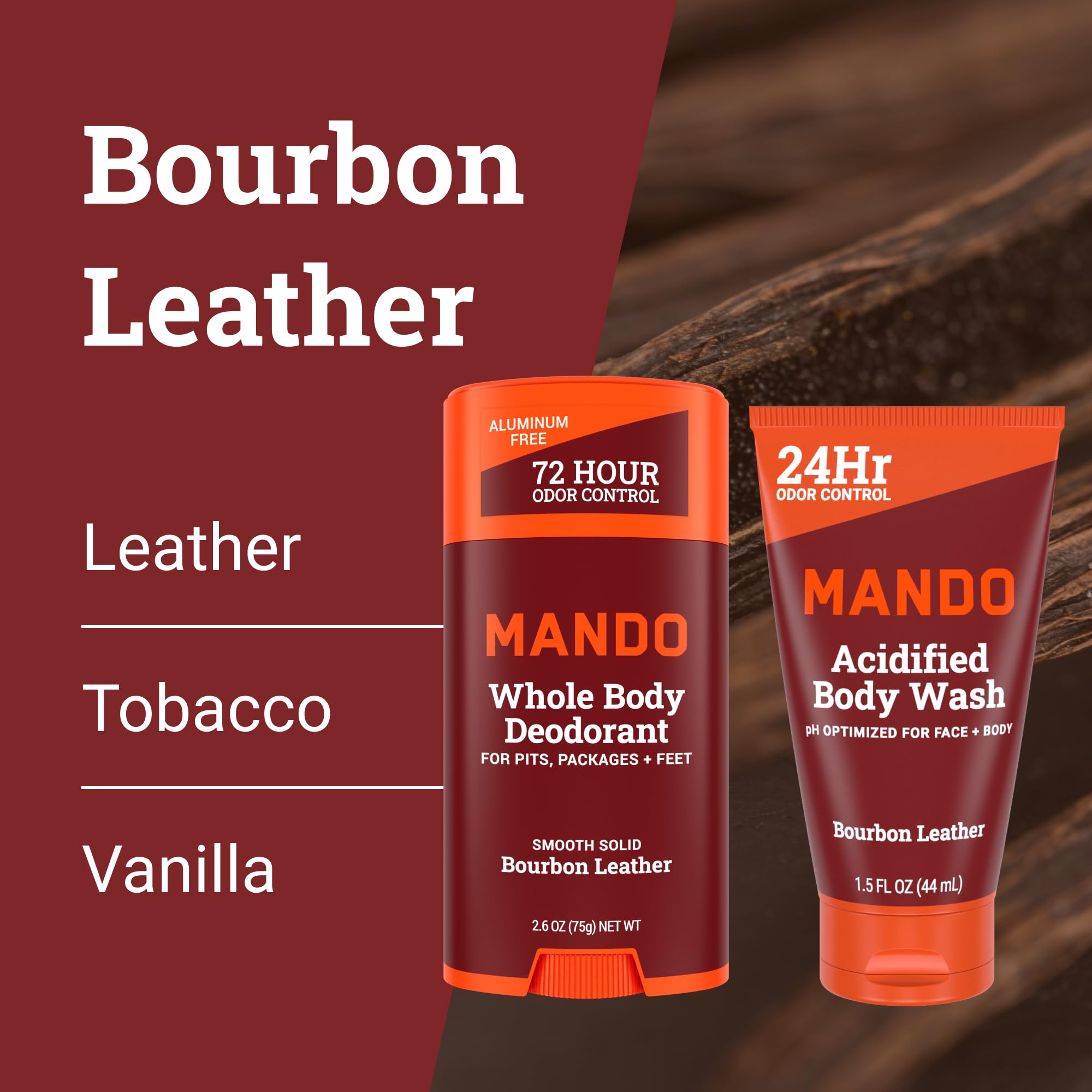 Mando Smooth Solid Stick (2.6 oz) + Acidified Body Wash (1.5 oz) – All-Day Odor Control, Bourbon Leather