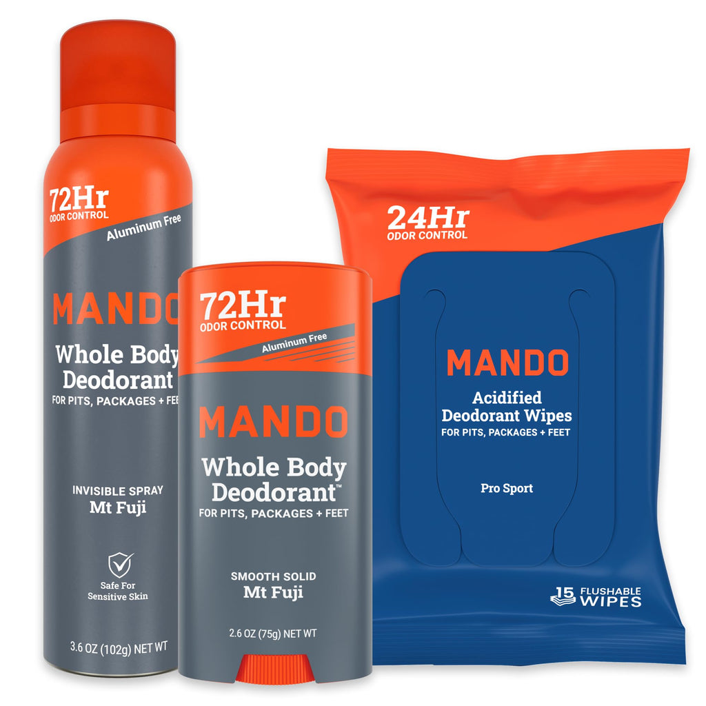 Mando Whole Body 3-Piece System — Aluminum- and Baking Soda-Free Odor Control (Mt Fuji) – 2.6 oz Stick, 3.6 oz Spray, 15 Wipes