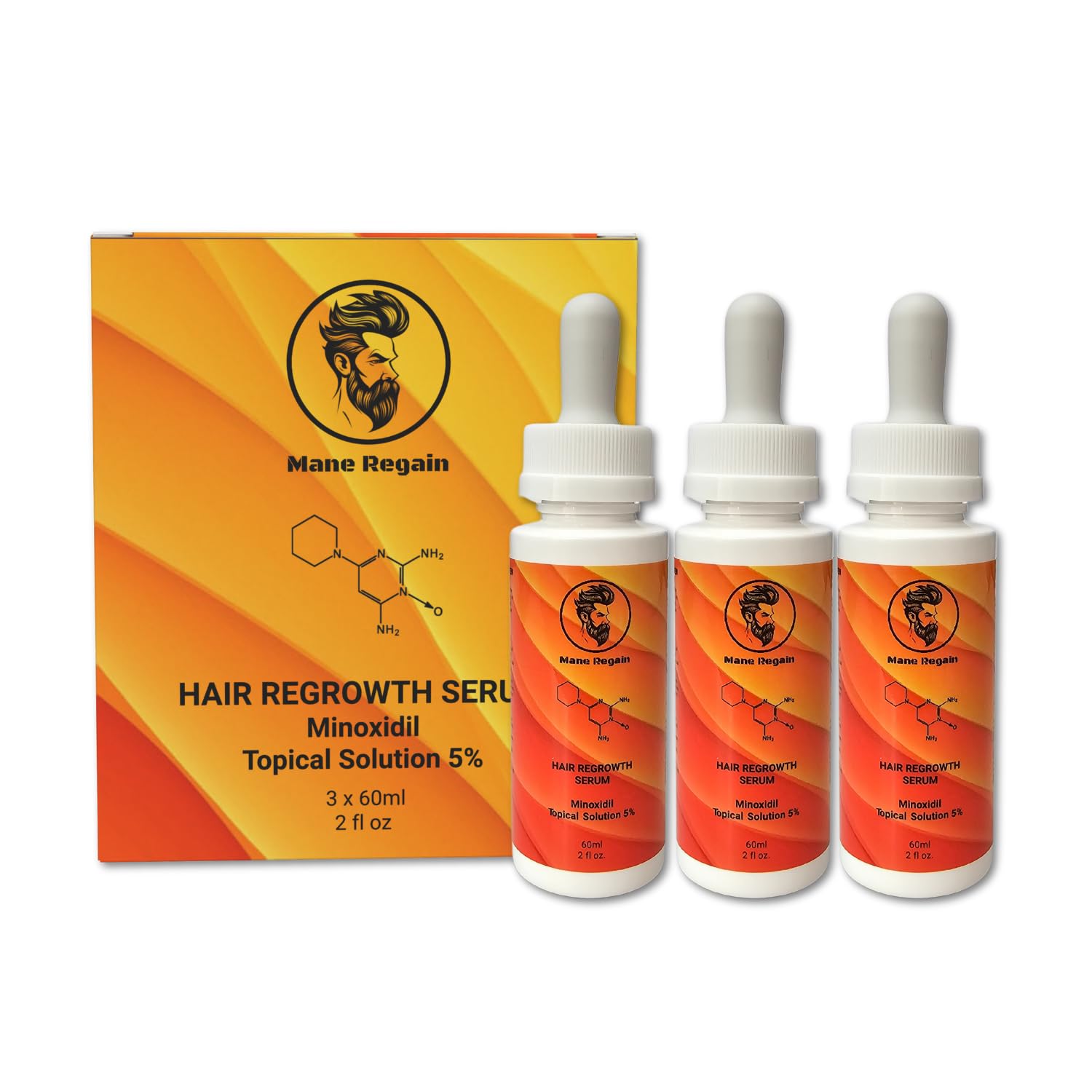 Mane Regain Minoxidil 5% Topical Solution for Men - Extra Strength, Unscented, 6 oz (3-Pack)