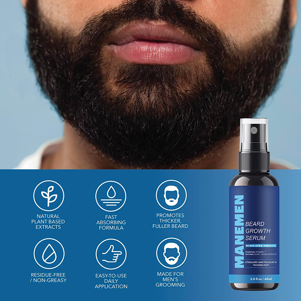 MANEMEN Beard Growth Serum Spray - Biotin, Castor Oil & Vitamins B5/B12