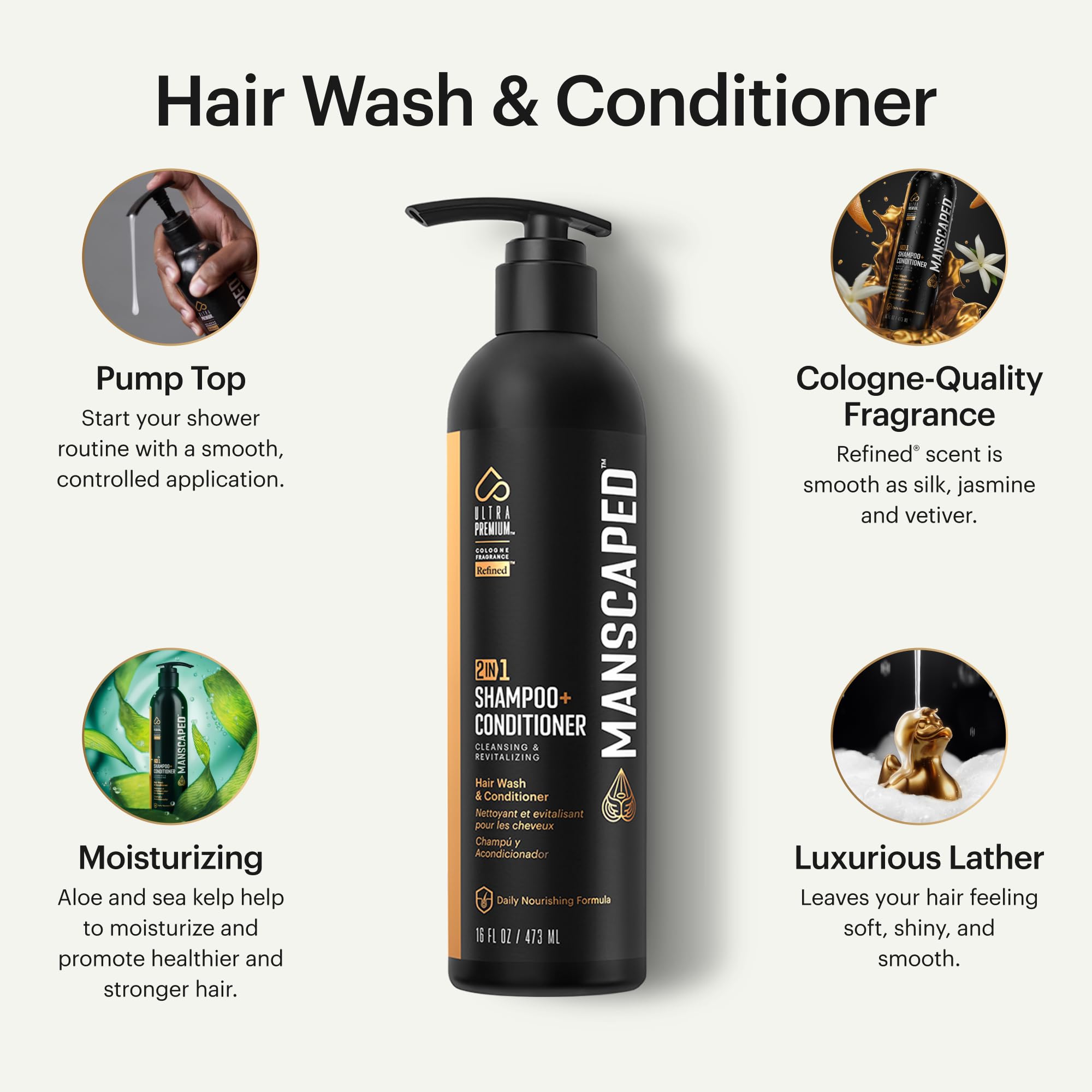 MANSCAPED 2-in-1 Shampoo & Conditioner UltraPremium with Sea Kelp, Coconut Water & Aloe – 16 oz Aluminum