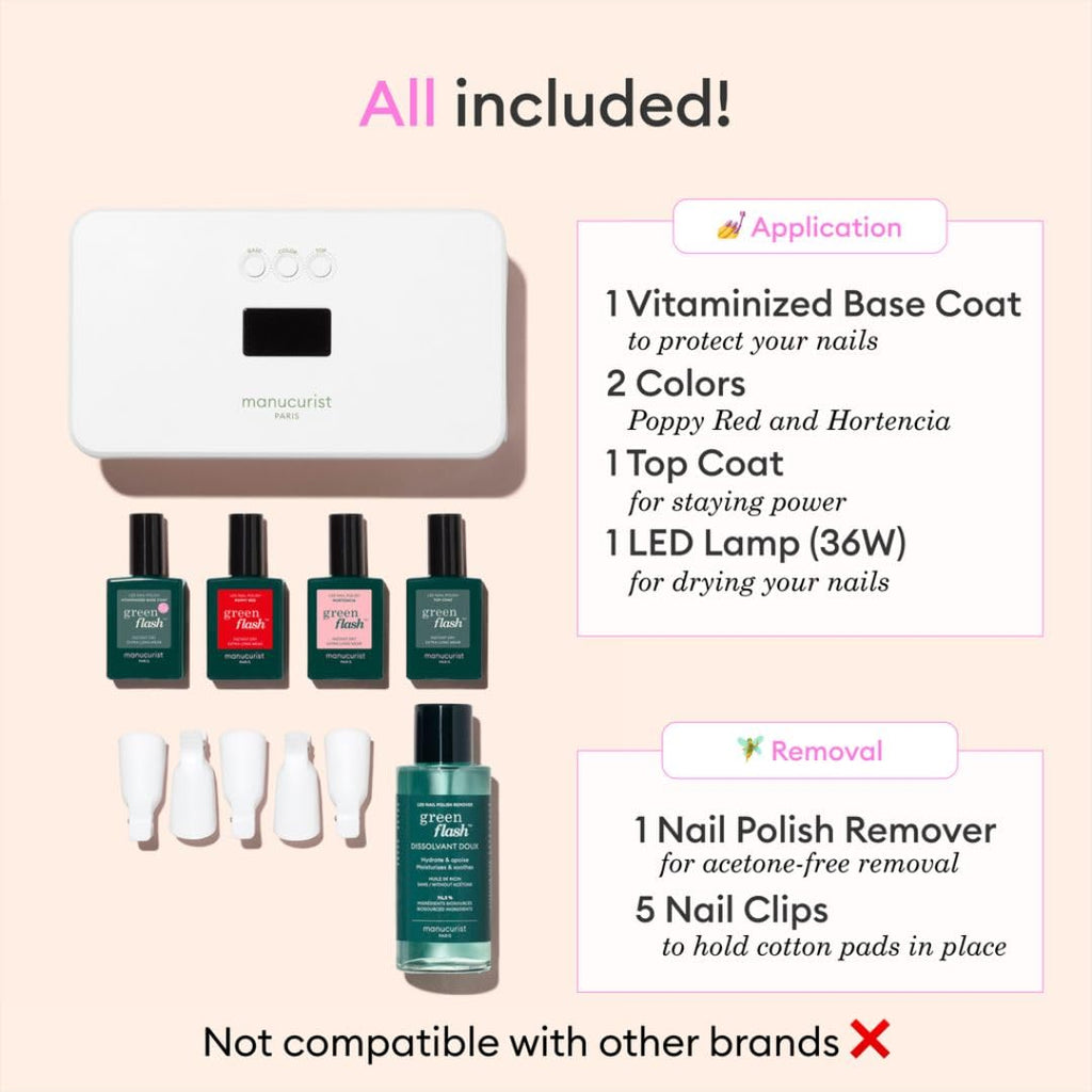 Manucurist Green Flash Slim Gel Nail Kit – 36W LED Lamp, 2 Colors, Remover & Clips