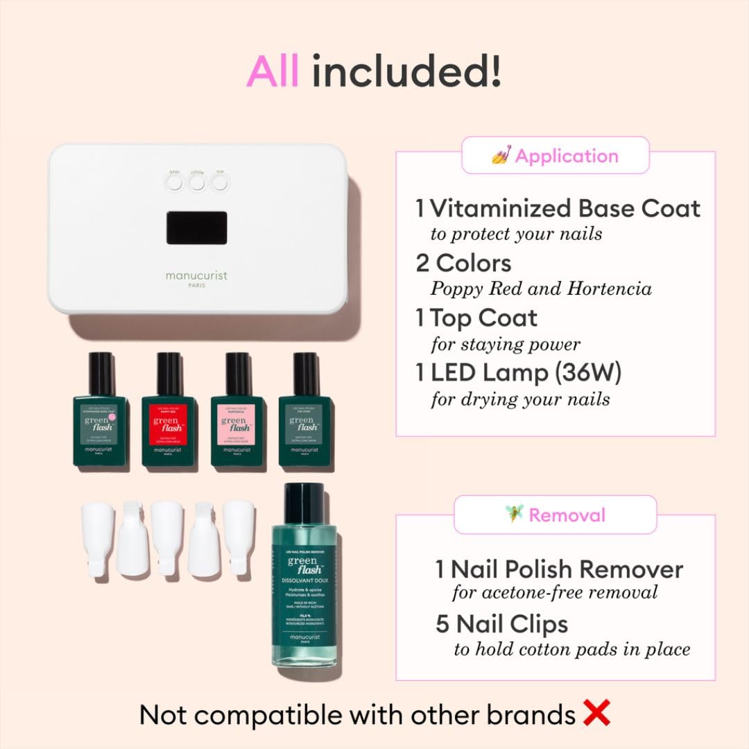 Manucurist Green Flash Slim Gel Nail Kit – 36W LED Lamp, 2 Colors, Remover & Clips