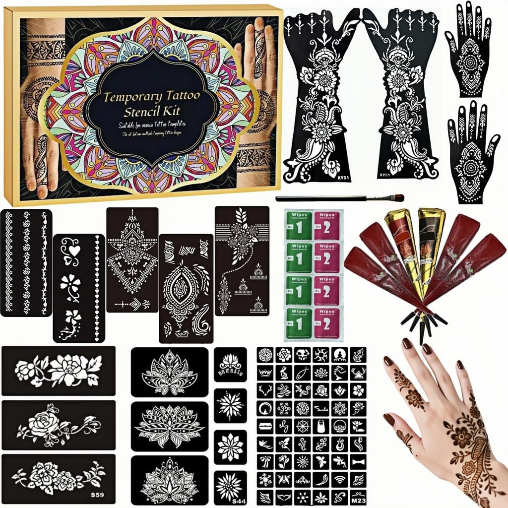ManYan HaiYan Temporary Tattoos Kit – 12 Large Stencils, 78 Designs, DIY Body Art with 6 Ink Colors