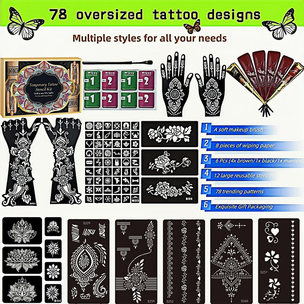 ManYan HaiYan Temporary Tattoos Kit – 12 Large Stencils, 78 Designs, DIY Body Art with 6 Ink Colors