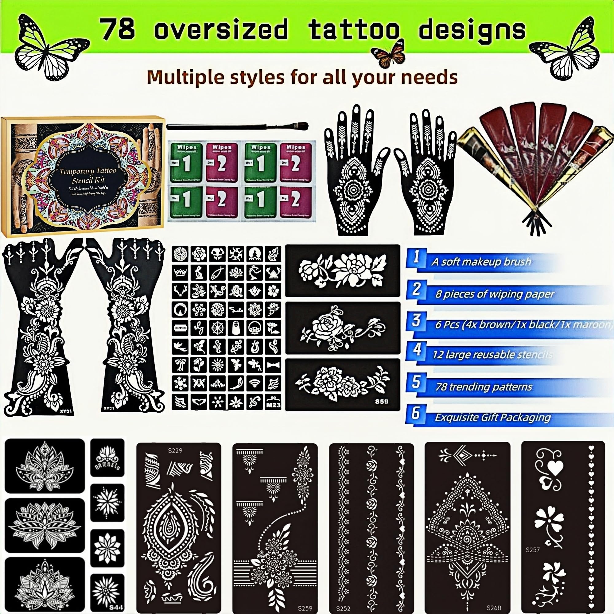 ManYan HaiYan Temporary Tattoos Kit – 12 Large Stencils, 78 Designs, DIY Body Art with 6 Ink Colors
