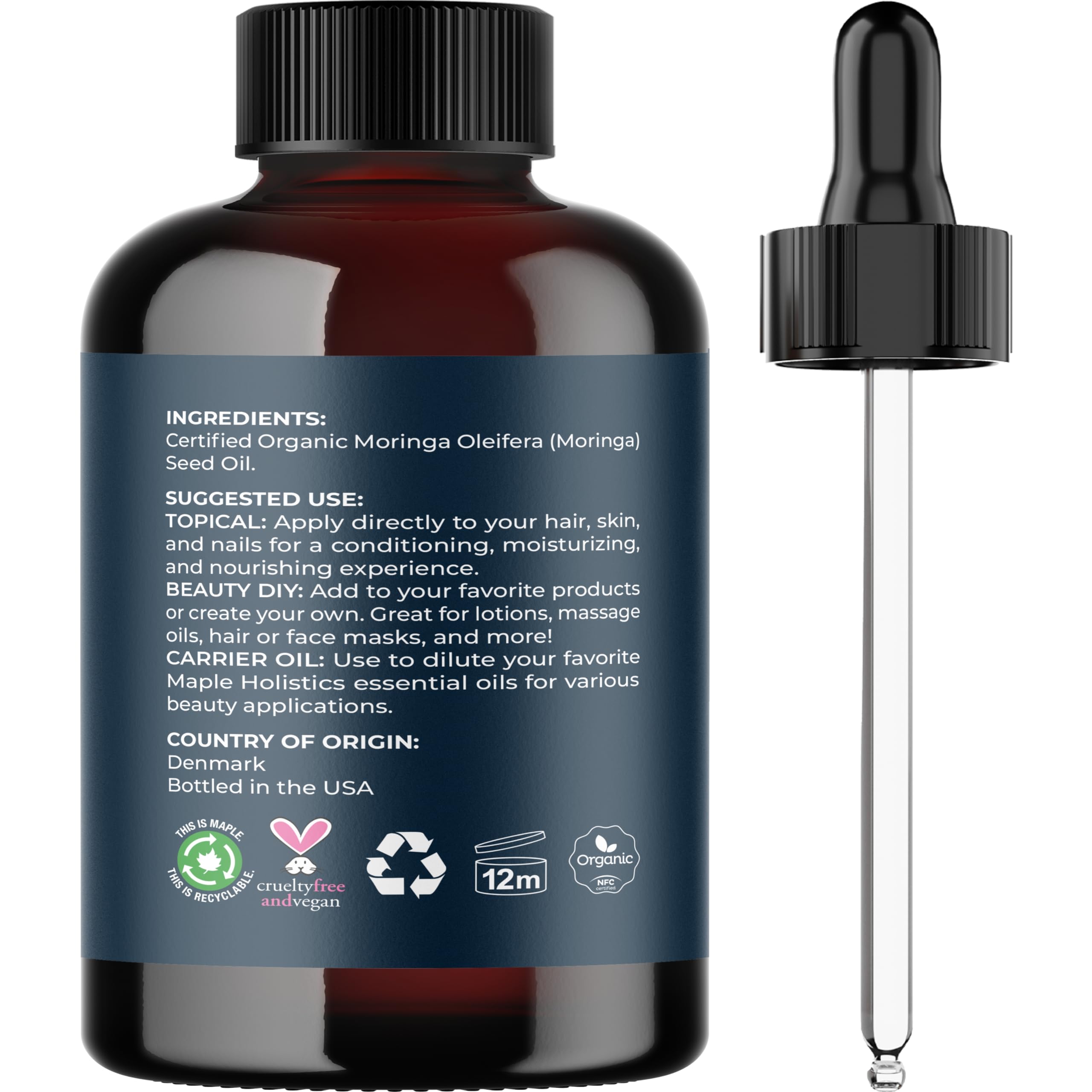 Maple Holistics Organic Moringa Oil – Cold-Pressed Virgin Carrier Oil for Hair, Skin & DIY Blends | USDA Organic