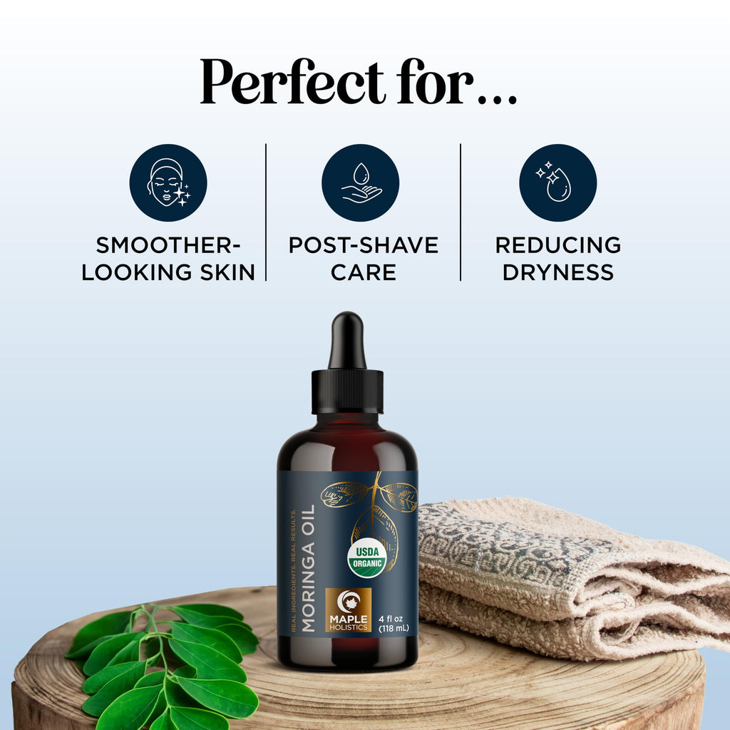 Maple Holistics Organic Moringa Oil – Cold-Pressed Virgin Carrier Oil for Hair, Skin & DIY Blends | USDA Organic