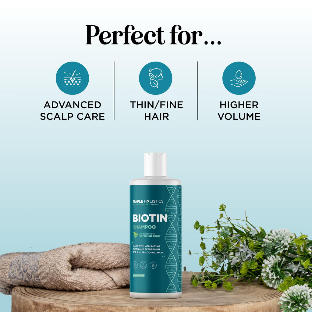 Maple Holistics Volumizing Biotin Shampoo for Thinning Hair – Peppermint, Argan & Essential Oils (Sulfate-Free)