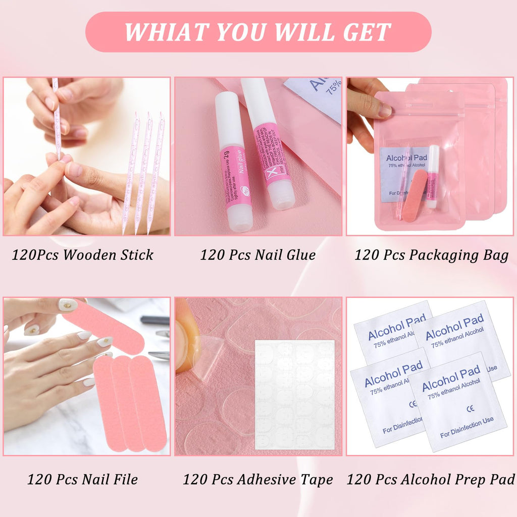 MAQUITA 120 Sets Press On Nail Tool Kit for Business – Disposable Prep Kit with File, Glue, Patches, Pads