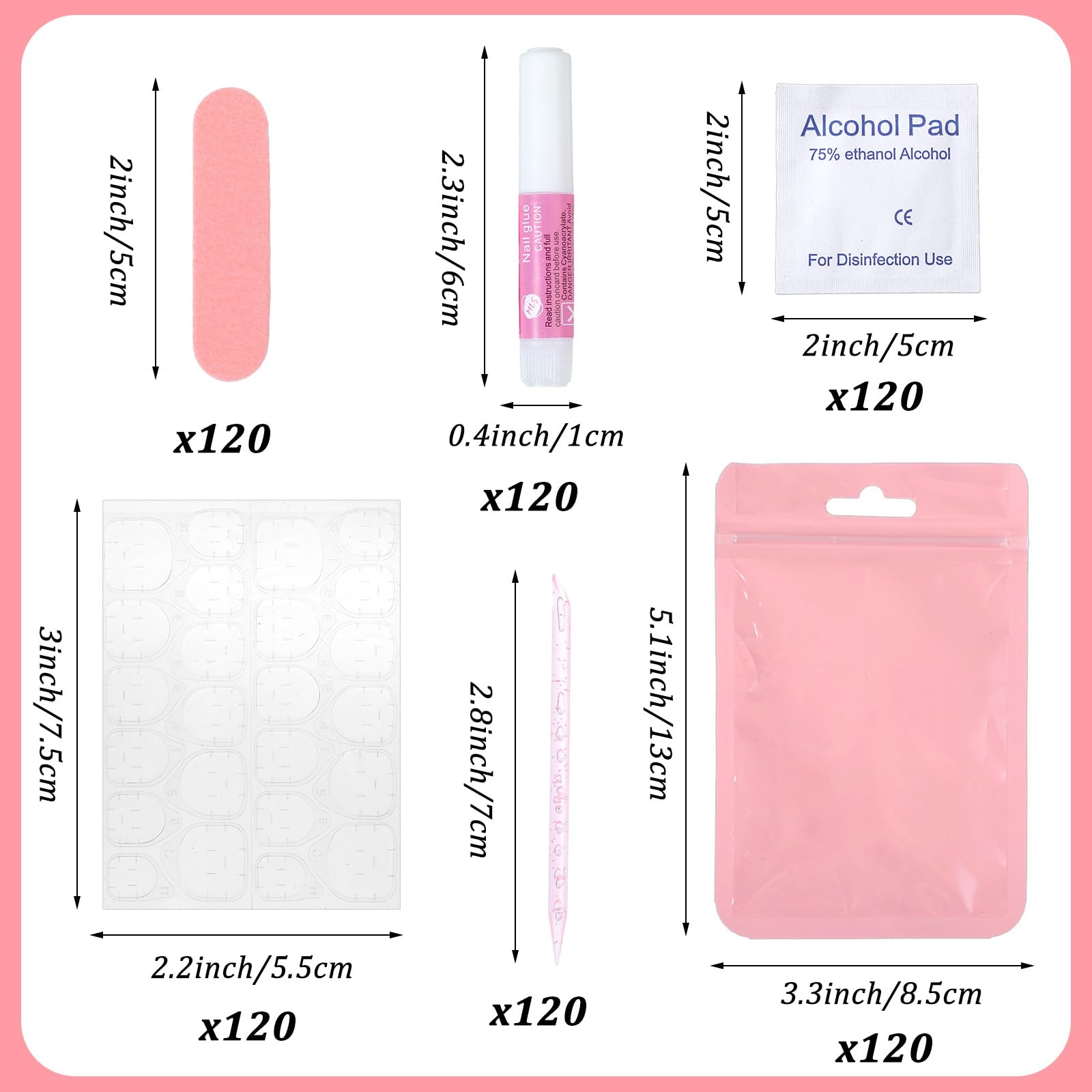 MAQUITA 120 Sets Press On Nail Tool Kit for Business – Disposable Prep Kit with File, Glue, Patches, Pads