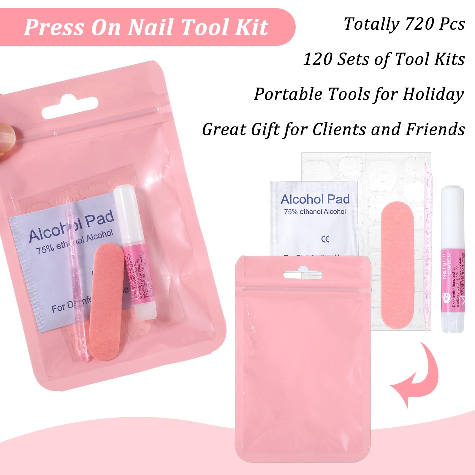MAQUITA 120 Sets Press On Nail Tool Kit for Business – Disposable Prep Kit with File, Glue, Patches, Pads