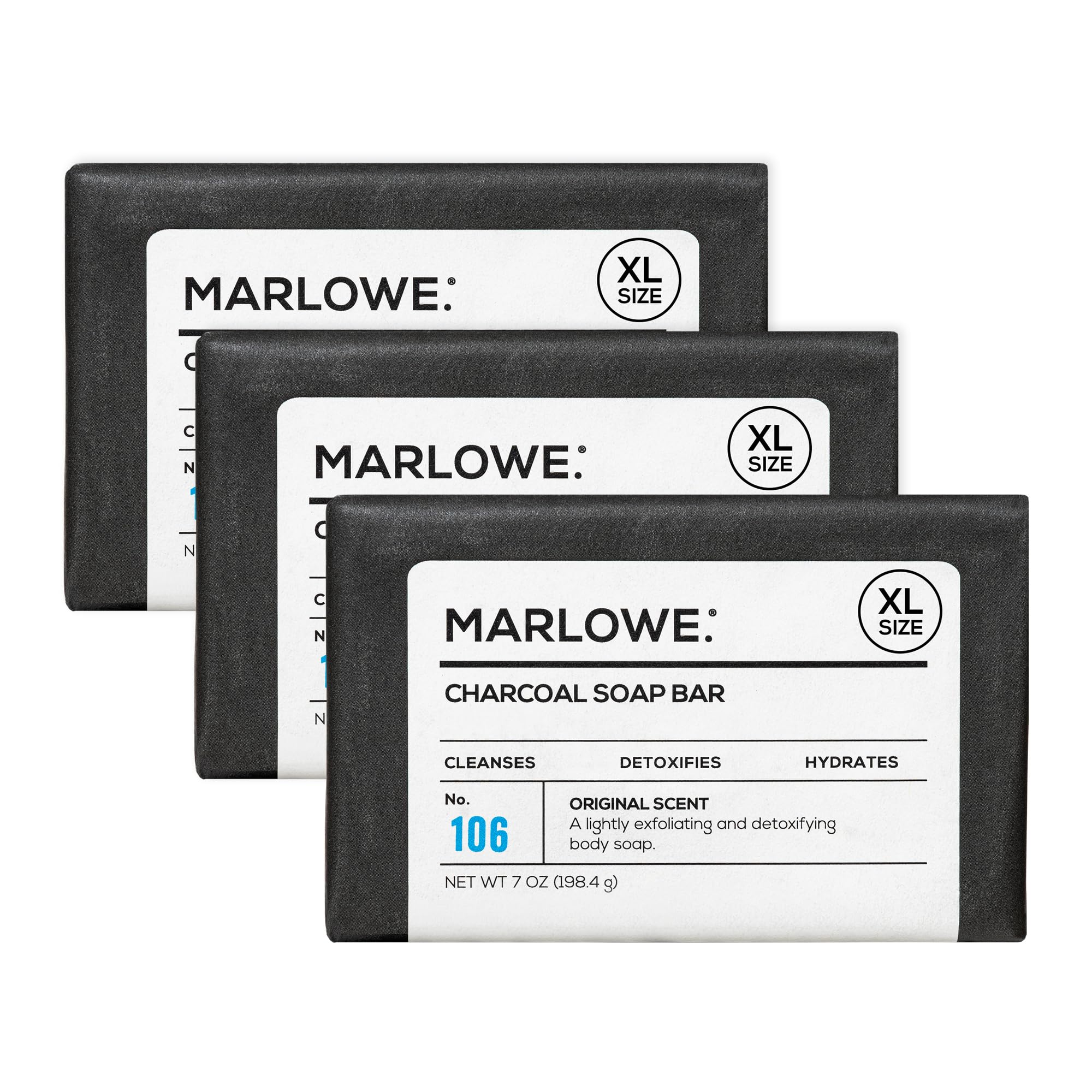 MARLOWE No. 106 Charcoal Soap – 7 oz Bar (3-Pack) Purifying, Hydrating for Men with Woodsy Sage + Fir