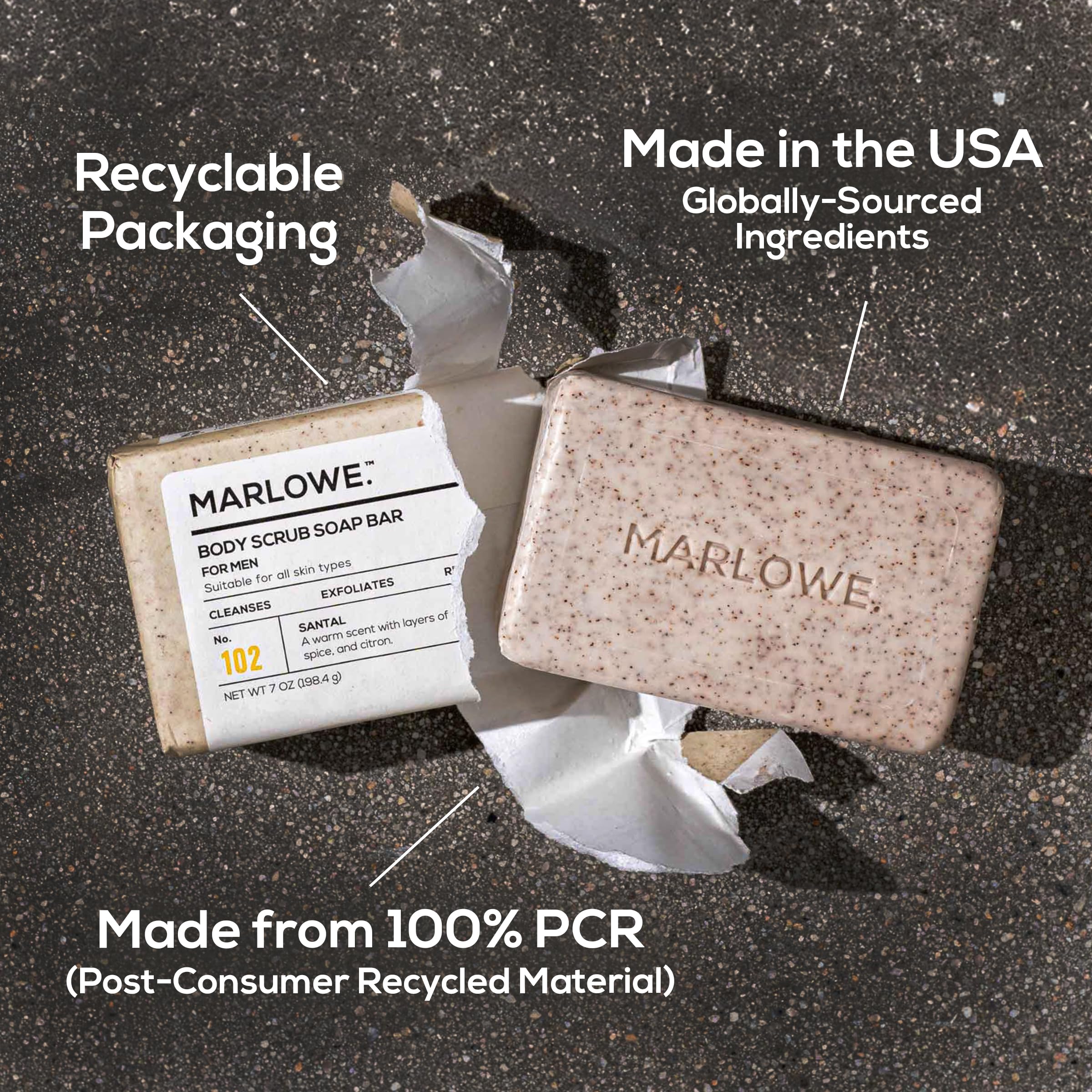 MARLOWE No. 102 Body Scrub Soap 7 oz – Santal | Exfoliating Bar with Shea Butter, Olive Oil & Green Tea