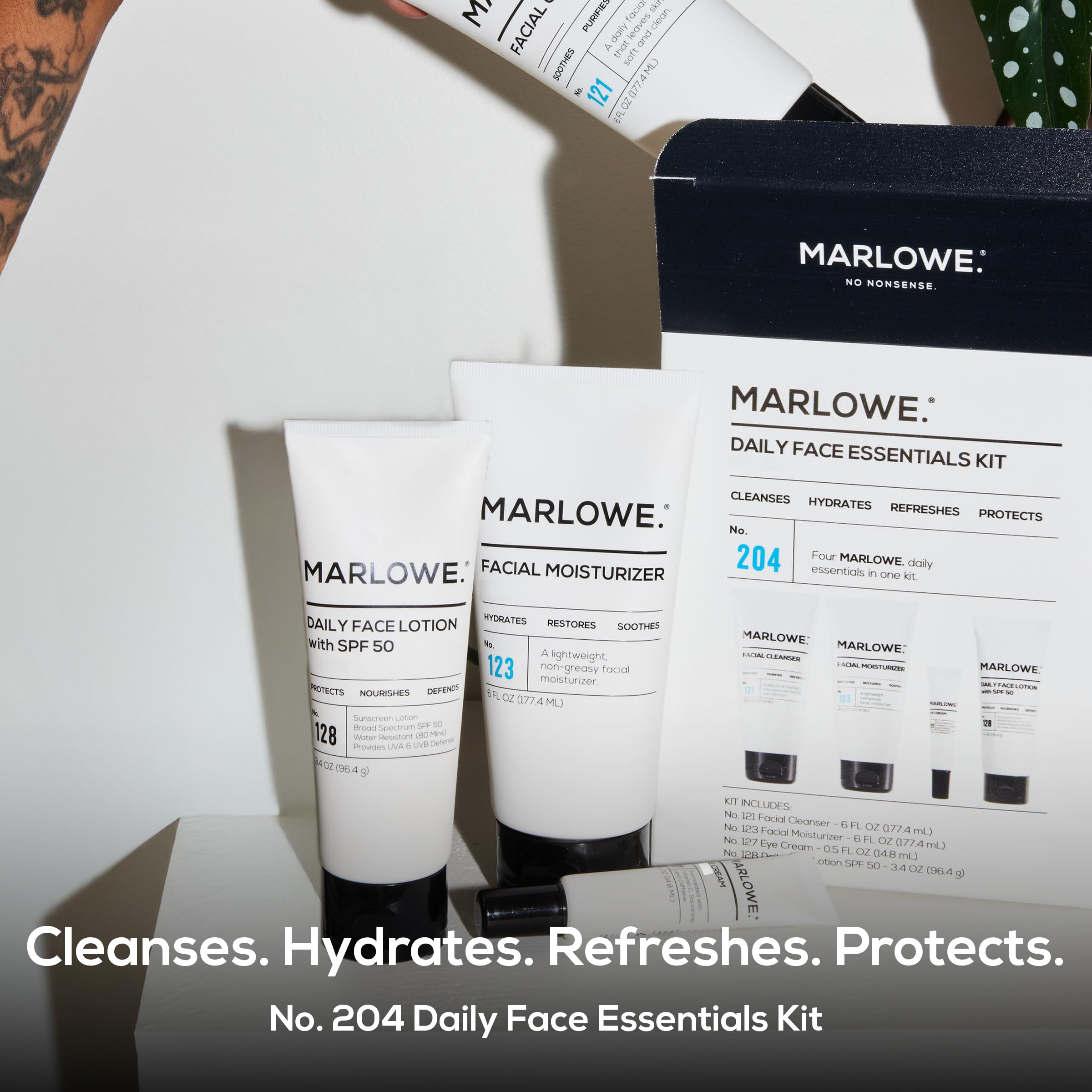 MARLOWE Men's Skin Care Set No204 Daily Essential Face Kit – Cleanser, Moisturizer, Eye Cream, SPF50 Lotion – Great Gift
