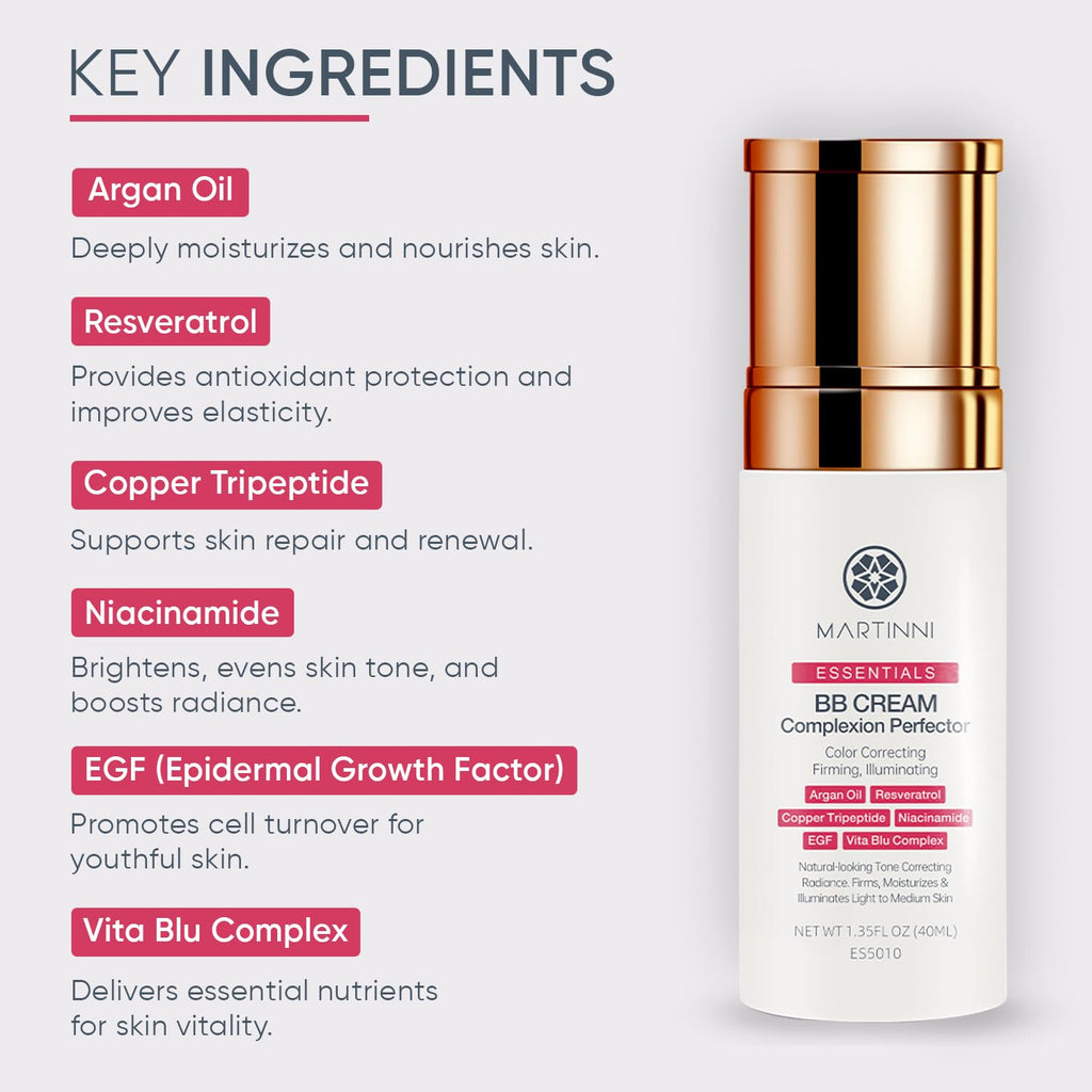 Martinni BB Cream Complexion Perfector – Lightweight Anti-Aging Tinted Moisturizer (1.35 fl oz)