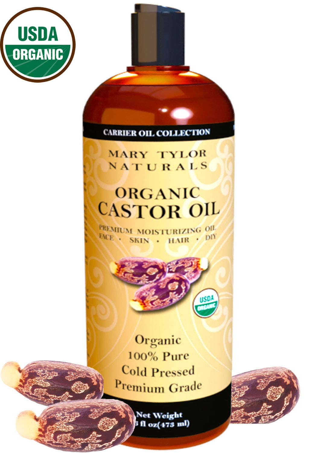 Mary Tylor Naturals Organic Castor Oil 16 oz – USDA Certified Organic, Cold Pressed, Hexane Free