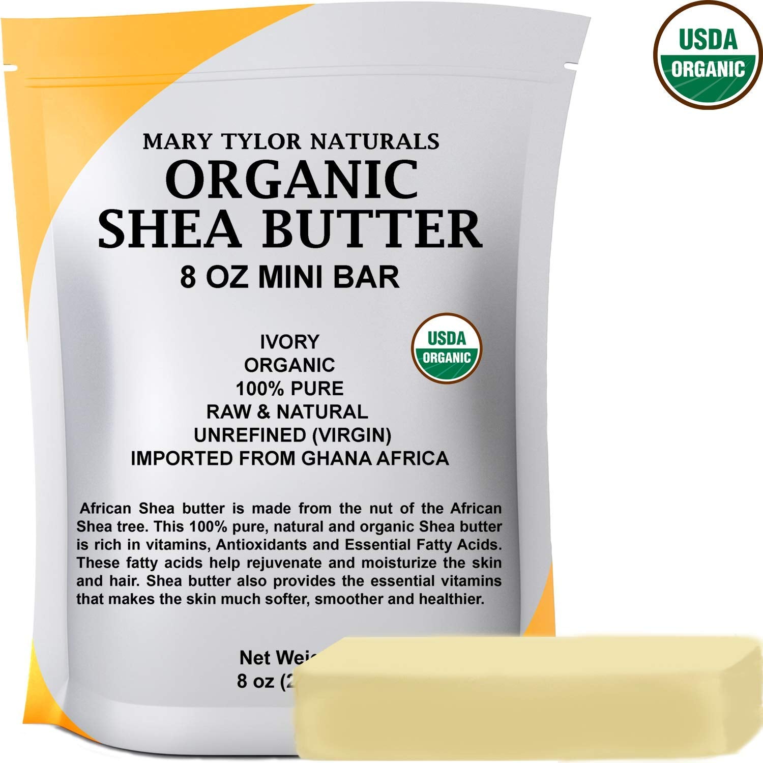 Mary Tylor Naturals Organic Shea Butter 8 oz – USDA Certified Raw, Unrefined Ivory from Ghana