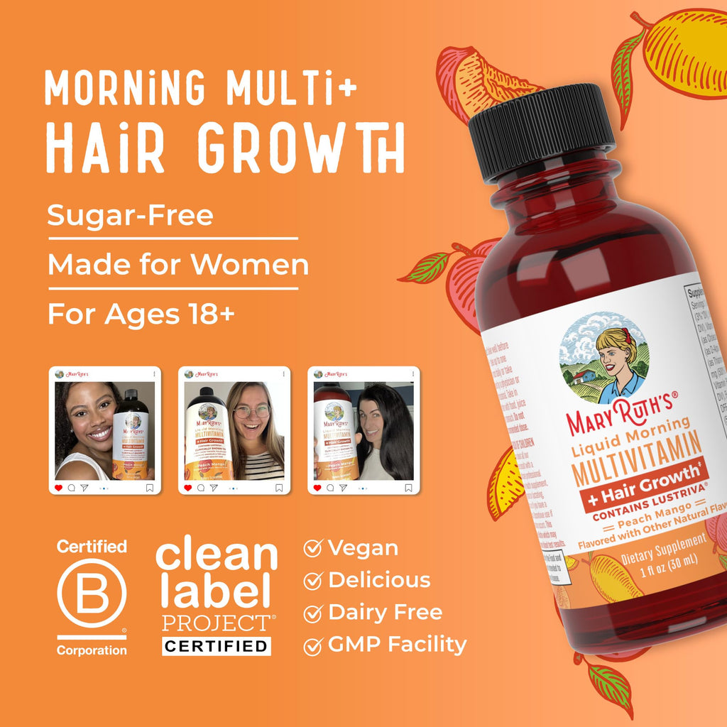 MaryRuth Organics Liquid Multivitamin + Hair Growth Travel Pack – Lustriva, Biotin 10000 mcg, 8 x 1 oz