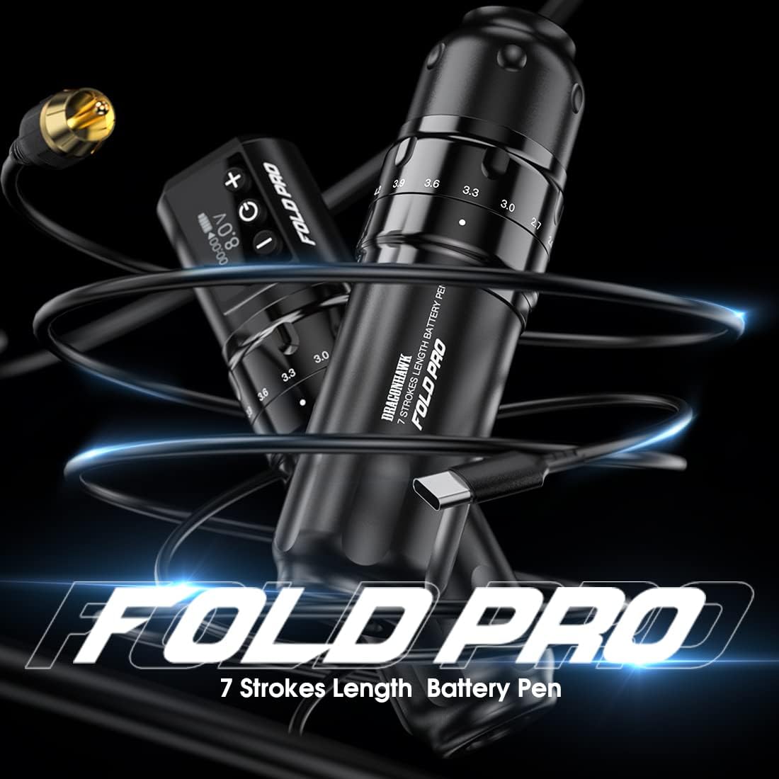 MAST TATTOO Fold Pro Wireless Rotary Pen – 7 Stroke Lengths, 2 Batteries, Mcore MY031